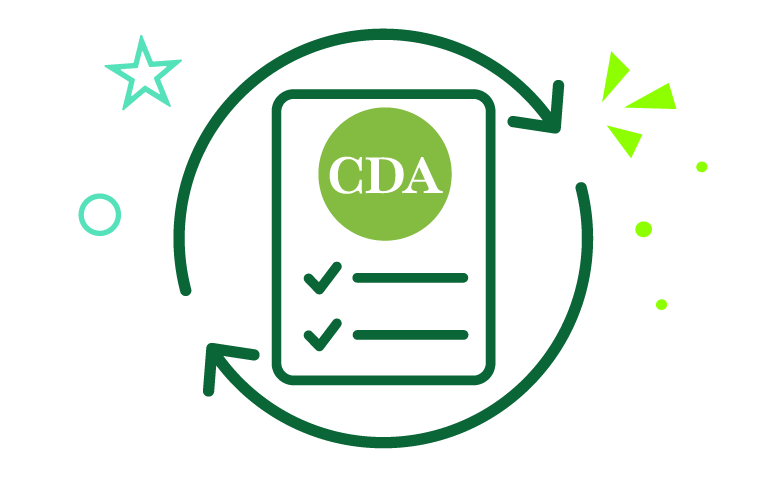 Icon of paper and circle with arrows, representing CDA Renewal Scholarships.